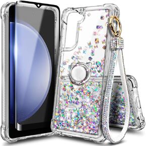 Designed for Samsung Galaxy S24 FE Case, Glitter Floating Liquid Cute Phone Case with [Tempered Glass Screen Protector, Ring Holder and Diamond Wrist Strap Lanyard] Crystal Gem