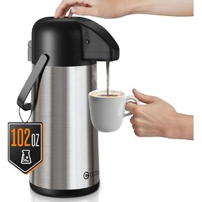 Airpot Coffee Carafe for Keeping Hot - 64 OZ / 1.9L Large Coffee Dispenser with Pump - Insulated Stainless Steel Thermos Urn for Hot Drinks Water Tea Chocolate - Thermal Beverage Dispenser for Parties