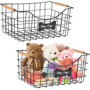 Dog Toy Basket-Dog Toy Bin Set Of 2 -Metal Basket for Pet with Wooden Handle- Large Dog Toy Basket-for Puppy Leash, Blanket Food, Accessories - Container Baskets for Dogs Farmhouse Home Decor-Black