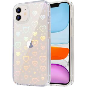 Tksafy for iPhone 11 Case, Clear Glitter Cute Laser Holographic Love Heart Pattern for Women Girls, Anti-Scratch Hard PC Protective Phone Cover for Apple iPhone 11 6.1-inch 2019, Rainbow Heart