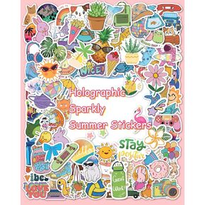 102 Pcs Preppy Stickers for Teens, Holographic Sparkly Cute Aesthetic Water Bottle Stickers for Girls, Waterproof Vinyl Summer Themed Stickers for Teens (A)