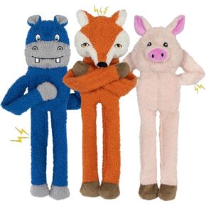 3 Pack No Stuffing Crinkle Squeaky Interactive Plush Dog Chew Toys to Keep Puppy Busy for Boredom & Enrichment Small & Medium Breeds Furry Friend Teething Orange Fox Pink Pig Blue Hippo