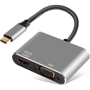 USB C to HDMI VGA Adapter, 2 in 1 Thunderbolt 3 Type-C to VGA 4K HDMI Converter for Dual Monitor Adapter Compatible with MacBook Pro, iPhone 16 15 Pro Max, Surface Pro, PC, etc