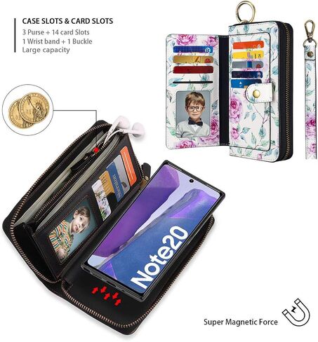 AIFENGCASE Compatible with Samsung Galaxy Note 20 Ultra Phone Wallet Case for Women Men,Wristlets Clutch Zipper Leather Pouch Wallet Case Card Holder Magnetic Detachable Back Cover,WF in Saudi Arabia