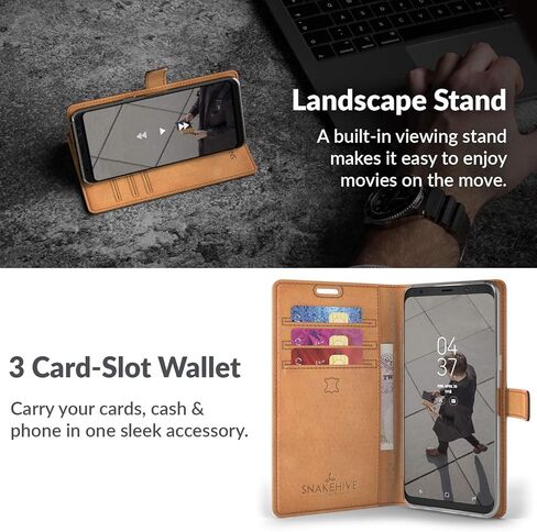 Snakehive Vintage Wallet for Samsung Galaxy S8 || Real Leather Wallet Phone Case || Genuine Leather with Viewing Stand & 3 Card Holder || Flip Folio Cover with Card Slot (Black) in Kuwait