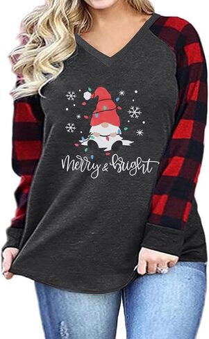 Plus Size Christmas Shirt Women Gnomes Plaid Splicing Raglan T-Shirt Xmas Holiday Casual Long Sleeve Tee in Saudi Arabia