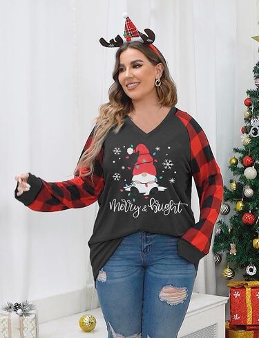 Plus Size Christmas Shirt Women Gnomes Plaid Splicing Raglan T-Shirt Xmas Holiday Casual Long Sleeve Tee in Saudi Arabia