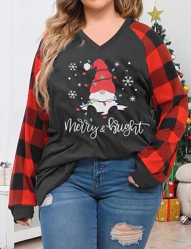 Plus Size Christmas Shirt Women Gnomes Plaid Splicing Raglan T-Shirt Xmas Holiday Casual Long Sleeve Tee in Saudi Arabia