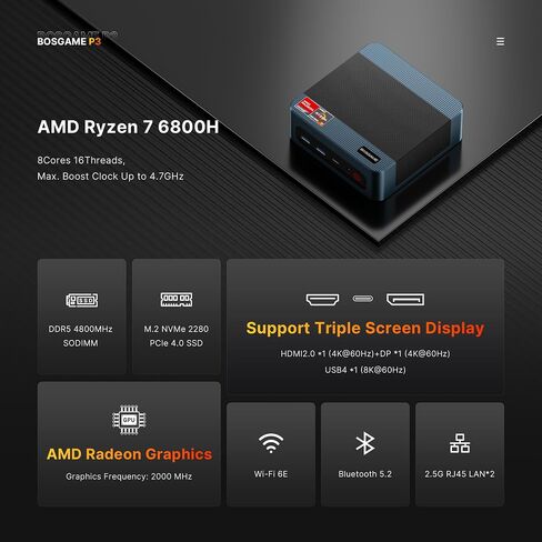 كمبيوتر صغير P4، كمبيوتر ألعاب صغير بمعالج AMD Ryzen 7 5700U (8C/16T، حتى 4.3 جيجا هرتز) ذاكرة الوصول العشوائي 16 جيجا بايت، 512 جيجا بايت M.2 SSD، كمبيوتر مكتبي بشاشة ثلاثية، نظام التشغيل Windows 11 Pro مسبق، شبكة LAN مزدوجة، WiFi 6E، BT 5.2 in Saudi Arabia