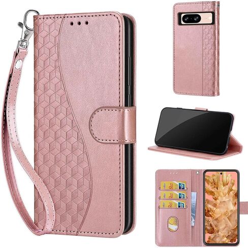 Designed for Google Pixel 8 Case Wallet,Women Flip Folio Cover with Embossed PU Leather Stand Credit Card Holders Slots Wrist Strap Phone Case for Google Pixel 8 6.2 Inch (Rose Gold) in Kuwait