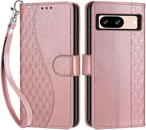 Designed for Google Pixel 8 Case Wallet,Women Flip Folio Cover with Embossed PU Leather Stand Credit Card Holders Slots Wrist Strap Phone Case for Google Pixel 8 6.2 Inch (Rose Gold) in Kuwait