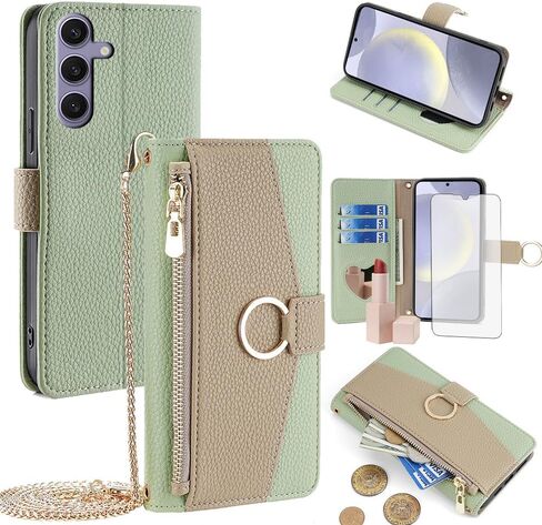 Asuwish Phone Case for Samsung Galaxy S24 Plus S24+ 5G Wallet Cover with Screen Protector and Mirror Flip Cover Ring Card Holder Crossbody Strap Stand Cell S24plus 24S + S 24 24+ Women Girls Green in Saudi Arabia