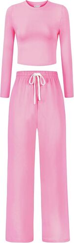 Women's Cotton 2 Piece Outfits Lounge Sets Long Sleeve T-Shirts Crop Tops Straight Leg Pants Sweatsuit Tracksuit Sets in Saudi Arabia