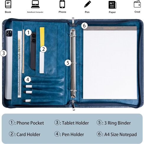 Rosegold Vegan Leather Portfolio Zippered 3 Ring Binder, Business Resume Professional Portfolio for Women, A4 Legal Pad Holder, Business & Travel Organizer,Gift for Women/Girls in Saudi Arabia