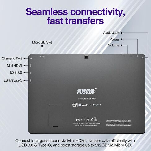 Fusion5 10.1" Windows 11 Professional Tablet PC - Ultra Slim Full HD Tablet Computer - 8GB RAM, 256GB M.2 SSD, 10 Inch Display, 5G WiFi, Intel Quad-Core CPU, USB 3.0, Micro HDMI, Dual Cameras in Saudi Arabia