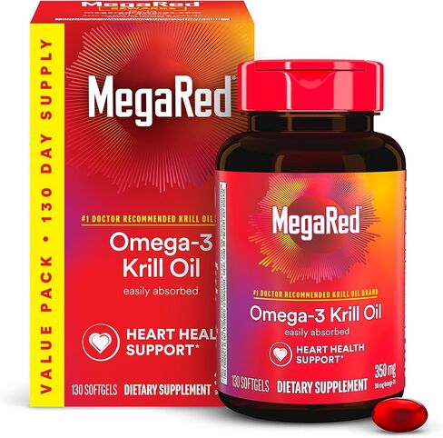 MegaRed #1 Doctor Recommended Krill Oil Brand - 1000mg Omega 3 Supplement with EPA, DHA, Astaxanthin & Phospholipids, Supports Heart, Brain, Joint and Eye Health, No Fish Oil Aftertaste - 60 Softgels in Kuwait
