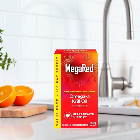 MegaRed #1 Doctor Recommended Krill Oil Brand - 1000mg Omega 3 Supplement with EPA, DHA, Astaxanthin & Phospholipids, Supports Heart, Brain, Joint and Eye Health, No Fish Oil Aftertaste - 60 Softgels in Kuwait