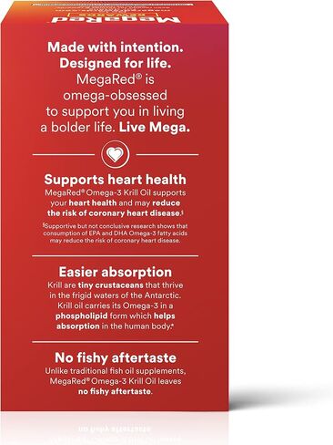 MegaRed #1 Doctor Recommended Krill Oil Brand - 1000mg Omega 3 Supplement with EPA, DHA, Astaxanthin & Phospholipids, Supports Heart, Brain, Joint and Eye Health, No Fish Oil Aftertaste - 60 Softgels in Kuwait