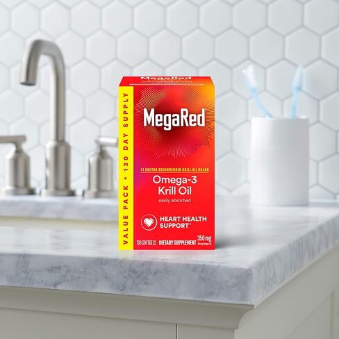 MegaRed #1 Doctor Recommended Krill Oil Brand - 1000mg Omega 3 Supplement with EPA, DHA, Astaxanthin & Phospholipids, Supports Heart, Brain, Joint and Eye Health, No Fish Oil Aftertaste - 60 Softgels in Kuwait