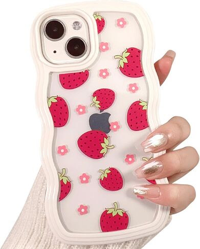 NITITOP Compatible for iPhone 13/ iPhone 14 Case Cute Curly Wave Wavy Frame Shape Shockproof Soft TPU 2 in 1 Flower Floral Phone Cover for Women Girl-Strawberry in Saudi Arabia