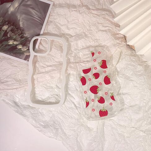 NITITOP Compatible for iPhone 13/ iPhone 14 Case Cute Curly Wave Wavy Frame Shape Shockproof Soft TPU 2 in 1 Flower Floral Phone Cover for Women Girl-Strawberry in Saudi Arabia