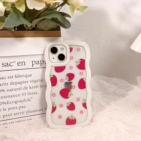 NITITOP Compatible for iPhone 13/ iPhone 14 Case Cute Curly Wave Wavy Frame Shape Shockproof Soft TPU 2 in 1 Flower Floral Phone Cover for Women Girl-Strawberry in Saudi Arabia