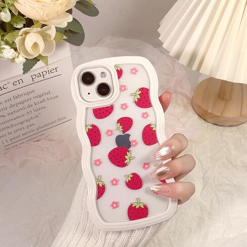 NITITOP Compatible for iPhone 13/ iPhone 14 Case Cute Curly Wave Wavy Frame Shape Shockproof Soft TPU 2 in 1 Flower Floral Phone Cover for Women Girl-Strawberry in Saudi Arabia