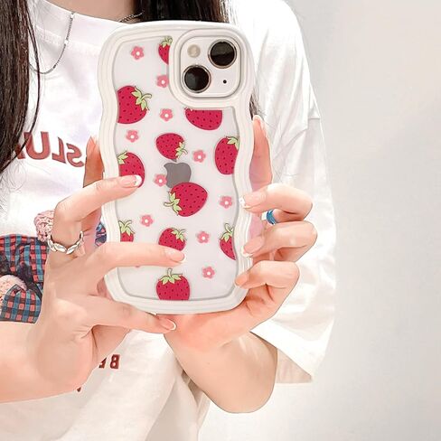 NITITOP Compatible for iPhone 13/ iPhone 14 Case Cute Curly Wave Wavy Frame Shape Shockproof Soft TPU 2 in 1 Flower Floral Phone Cover for Women Girl-Strawberry in Saudi Arabia