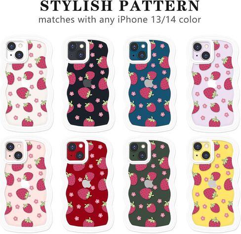 NITITOP Compatible for iPhone 13/ iPhone 14 Case Cute Curly Wave Wavy Frame Shape Shockproof Soft TPU 2 in 1 Flower Floral Phone Cover for Women Girl-Strawberry in Saudi Arabia