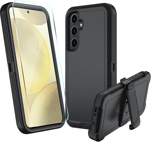 for Samsung Galaxy S24 FE 5G Case, S24 FE Heavy Duty case, [Belt Clip Holster] [Glass Screen Protector] [Military Grade Protective ] [Shockproof] [Dropproof] [Dust-Proof] (Black) in Saudi Arabia