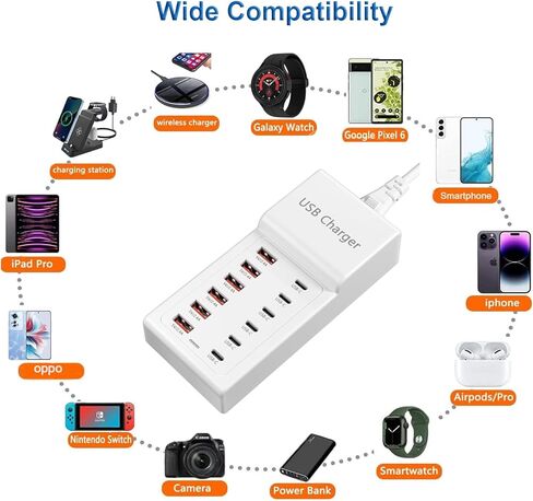 محطة شحن لأجهزة متعددة 55 وات، شاحن حائط بلوك 6 منافذ USB، محور شحن USB ذكي IC، برج شاحن مع Type-C 3A لأجهزة iPhone/الأجهزة اللوحية/الهواتف الذكية، واستخدام المكتب المنزلي in Saudi Arabia