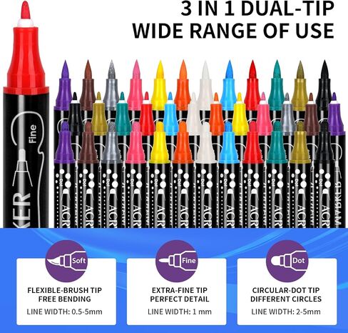 Have This Innovative and Unique Dual-Tip Acrylic Paint Marker Set Experience 3 Different Nibs (Brush, Dot, Fine) 36-Color Acrylic Marker Set Makes Outlining, Coloring, and Filling Easy, All in One Set in Saudi Arabia