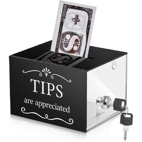 Tip Jars for Money 6 x 4 x 5 Inch Acrylic Tip Collection Box with Lock Donation Suggestion Box for Tip Storage Container Raffling Box for Bartender Bars, Musicians Restaurants Driver