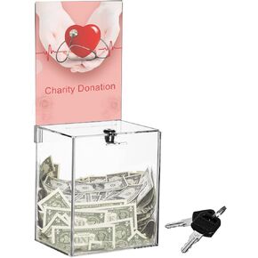 Youeon Large Acrylic Donation Box with Lock, 6.7 x 5 x 16 in Clear Suggestion Box with Slot and Lock, Ballot Box with Sign Holder, Tip Box, Vote Box, Comment Box forVoting, Charity, Fundraising