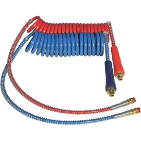 COILED AIR SET LINE ASSEMBLY RED & BLUE TRUCK TRAILER SET WITH DURA-GRIPS, 15' LENGTH: 1 X 12" & 1 X 40" LEADS