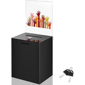 Marsui Acrylic Suggestion Box Large Donation Box 8.2 x 6.7 x 5 Inch Safe Ballot Box with Lock and Sign Holder for Voting Charity Business Cards Collection Display Ticket Comment (Black)