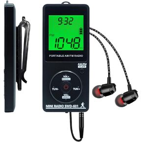 SWDSTP Personal Portable Radio AM/FM, Mini Radio with Digital Tuning LCD Display and Backlight Time, Rechargeable Pocket Radio with Earphone, Walkman Radio with Clip for Walking, Jogging