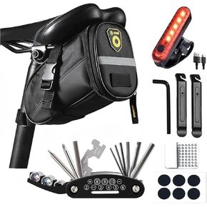 AaiLucky Bike Repair Tool Kit with Mini Bicycle Pump, Bicycle Saddle Bag with Tail Light, 16-in-1 Bike Multitool, Bicycle Tire Repair Kit for Road MTB E-Bikes, Large Capacity Bike Set Pack Bag