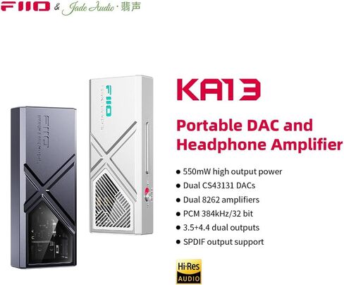 دونجل FiiO/JadeAudio KA13 المحمول DAC، ومحول USB-C، ومخرج 3.5 مم و4.4 مم متوافق مع نظام Android/iOS/الكمبيوتر الشخصي/مشغلات الموسيقى، PCM 384 كيلو هرتز/32 بت | DSD256 550 ميجاوات عالية الطاقة (أسود) in Kuwait