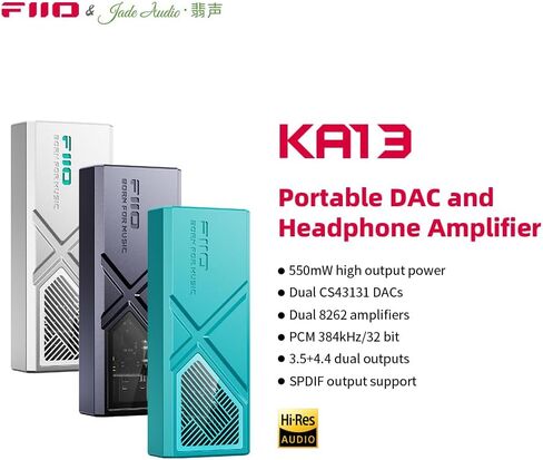 دونجل FiiO/JadeAudio KA13 المحمول DAC، ومحول USB-C، ومخرج 3.5 مم و4.4 مم متوافق مع نظام Android/iOS/الكمبيوتر الشخصي/مشغلات الموسيقى، PCM 384 كيلو هرتز/32 بت | DSD256 550 ميجاوات عالية الطاقة (أسود) in Kuwait