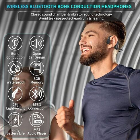 Bluetooth Bone Conduction Headphones, JIMBOBO Open Ear Wireless Earphones with 8GB Memory MP3 Player, Noise Cancelling Mic, IP68 Waterproof Sport Headset for Swimming, Running, Fitness, Yoga (Black) in Saudi Arabia