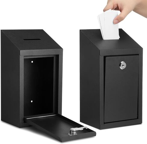 2 Pack Donation Box with Lock, Wall Mounted Suggestion Box Metal Collection Box with Slot and 2 Keys Ballot Box Voting Box, 4 x 5.6 x 10.2 Inch, Black in Saudi Arabia