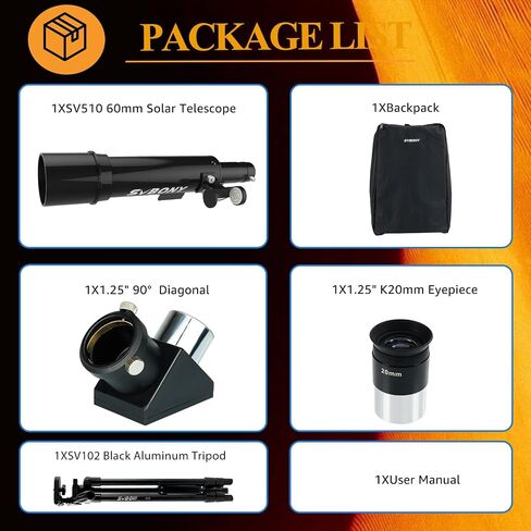 SVBONY SV510 Solar Eclipse Telescope, 60mm Portable Refractor for Solar Eclipses Sunspots, Meets ISO 12312-2:2015 Standard, Travel Telescope Permanently Attached Solar Filter in Saudi Arabia