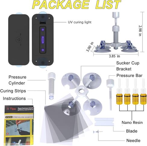 طقم إصلاح الزجاج الأمامي، طقم إصلاح تشققات الزجاج الأمامي، طقم إصلاح شرائح الزجاج الفعال مع ضوء معالجة للأشعة فوق البنفسجية بكأس الشفط، 4 زجاجات سائل إصلاح الزجاج السائل للرقائق والشقوق والكراك على شكل نجمة، عين الثور in Kuwait