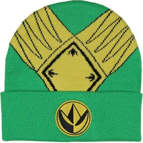 Mighty Morphin Power Rangers Men's Green Ranger Beanie Gold Armor Embroidered Patch Knit Fold Cuff Beanie Hat OSFM