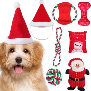 7 Pcs Christmas Dog Toys for Small Dogs Christmas Dog Gift Includes 1 Xmas Santa Hat, 3 Dog Plush Squeaky Toy and 3 Dog Rope Toy for Dog Christmas Party