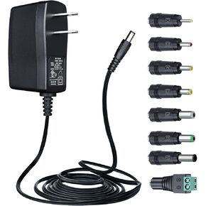 12V 1A/1000mA 10ft Power Supply Adapter with 8 Interchangeable Tips, 12W Adaptor AC to DC Adapter Cord for LED Strip Lights Keyboard BT Speaker Router Webcam DVR NVR CCTV Camera and More, UL Listed
