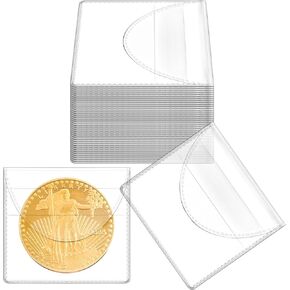 50PCS Single Pocket Coin Sleeves, 2.1 x 2.1 Inches Clear Plastic Coin Holders Individual Coin Protectors Small Pouches for Coin Currency Bills Collectors