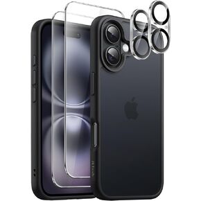 JETech 5 in 1 Matte Case for iPhone 16 6.1-Inch with 2-Pack Each Tempered Glass Screen Protector and Camera Lens Protector, Translucent Back Shockproof Phone Cover (Black)