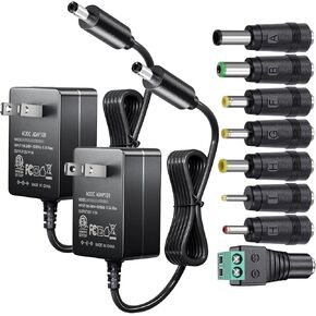SoulBay 2pcs 12V 1A Power Supply with 8 Tips, Regulated AC/DC Adapter for LED Strip Light CCTV Camera BT Speaker GPS Webcam Router, 100-240V AC to DC12V 1000mA Charger Adapter